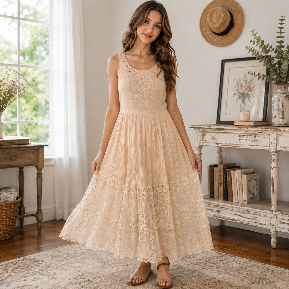 Esley Peach Embroidered Pleated Lace Hem Maxi Dress Sleeveless Medium 59356D-K